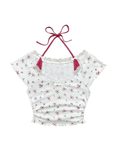 Women's Contrast Lace Halter Neck Lettuce Trim Casual Crop Tee Tops