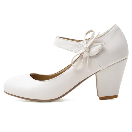 Women's Bow Mary Jane Dress Pumps Shoes Chunky Block High Heels Round Toe Shoes