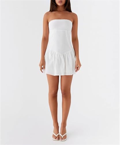 Women's Strapless 3D Flower Mini Dress Sexy Ruffle Short Tube Dress with 3DFloral Bodycon Backless Cocktail Party