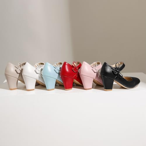 Women's Bow Mary Jane Dress Pumps Shoes Chunky Block High Heels Round Toe Shoes