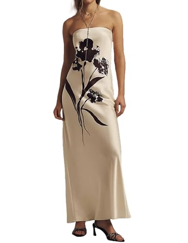 Women Floral Strapless Maxi Dress Sexy Bodycon Backless Tube Long Dress Summer Off Shoulder Cocktail Dresses