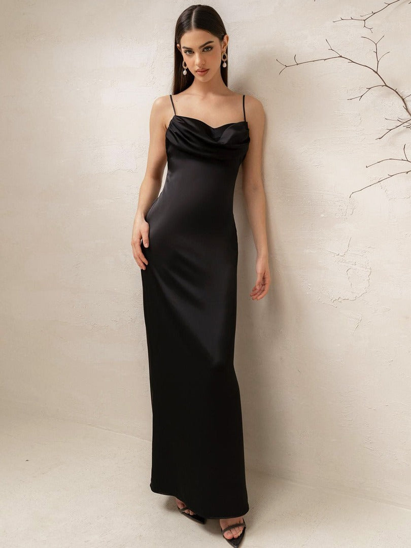 Solid Color Satin Sexy Backless Spaghetti Straps Dress