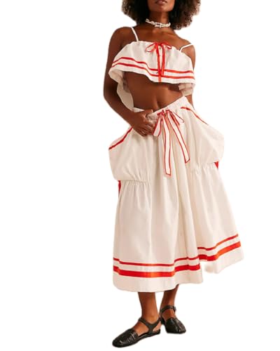 Women 2 Piece Outfits Y2k Sleeveless Lace Trim Cami Tops and Ruffle Ruched Maxi Skirt Matching Set