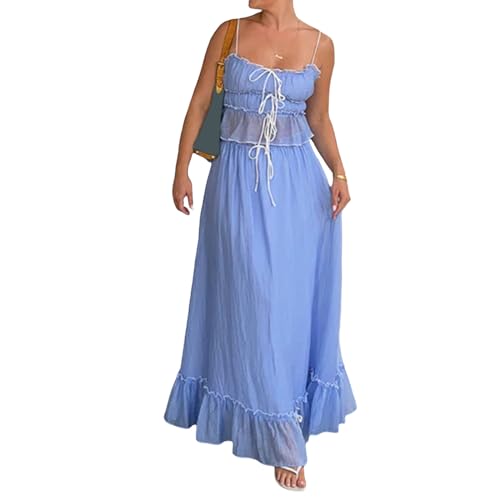 Women 2 Piece Outfits Y2k Sleeveless Lace Trim Cami Tops and Ruffle Ruched Maxi Skirt Matching Set