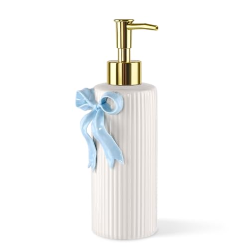 Handmade Ceramic Bow Soap Pump Dispenser Hand Lotion Liquid Dispenser Refillable for Kitchen and Bathroom Decorative