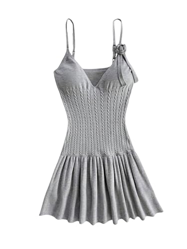 Women's 3D Floral Ruffle Mini Dress Cable Knit Spaghetti Strap Cami Dresses