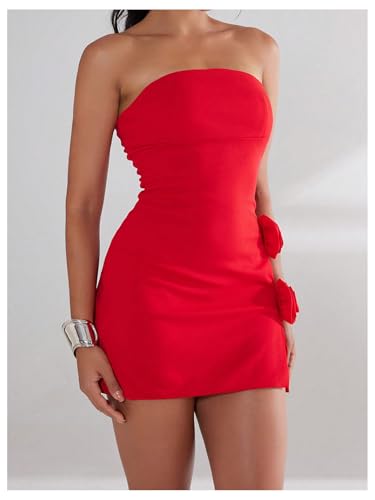 Women's 3D Flower Strapless Mini Dress Sleeveless Split Party Club Bodycon Tube Dresses