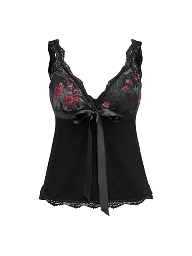Women's Coquette Tank Tops Y2K Lace Trim Crop Top Bowknot Deep V Neck Sleeveless Camisole Blouse