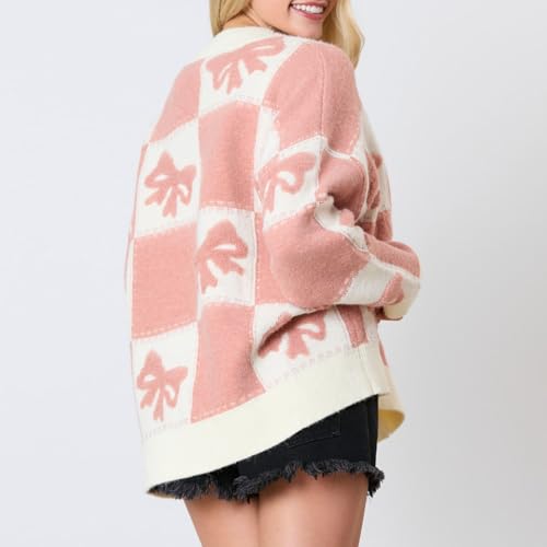 Women Bow Embroidery Cardigans - Open Front Drop Shoulder Sleeve V Neck Knit Button Jumper Sweater Jacket Knitwear