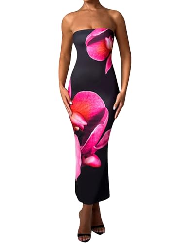 Women Floral Strapless Maxi Dress Sexy Bodycon Backless Tube Long Dress Summer Off Shoulder Cocktail Dresses