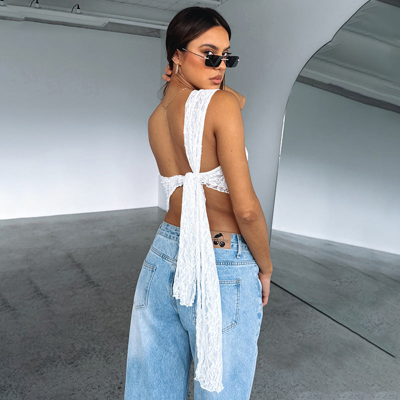 Lace Backless Top Summer Solid Color Waistless Asymmetrical Sloped Neck Vest Streetwear Womens Clothes