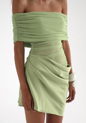 Women's Off The Shoulder Sheer Mesh Mini Dress Ruched Dresses Sexy See Through Y2k Short Dress