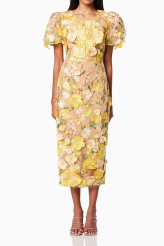 Women's 3D Floral Embroidery Dress Ruffle Sleeve Fishtail Lace Bodycon Party Cocktail Mixi Dress