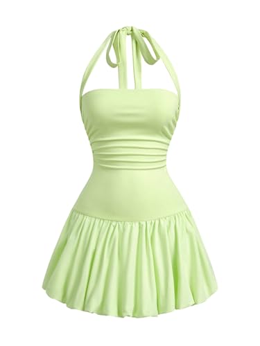 Women's Bubble Mini Dress Halter Backless Ruched Y2K Short Sundress with Built-in Shorts