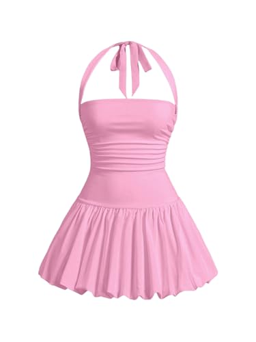 Women's Bubble Mini Dress Halter Backless Ruched Y2K Short Sundress with Built-in Shorts