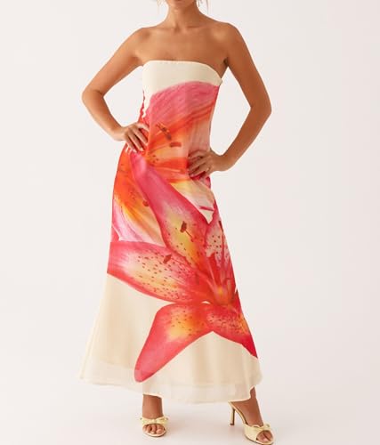 Women Floral Strapless Maxi Dress Sexy Bodycon Backless Tube Long Dress Summer Off Shoulder Cocktail Dresses