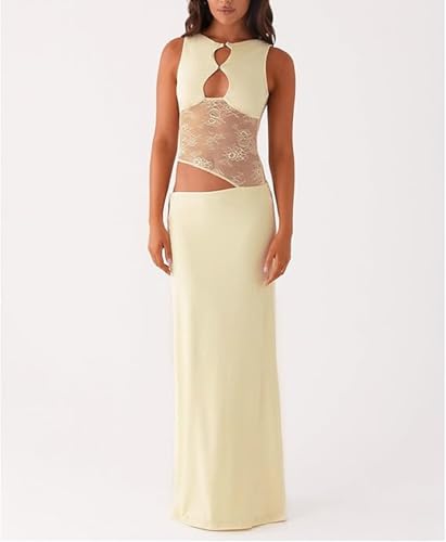 Women Satin Bodycon Maxi Dress Y2K Lace Patchwork Sleeveless Dress Backless Cutout Long Lace Dress Elegant