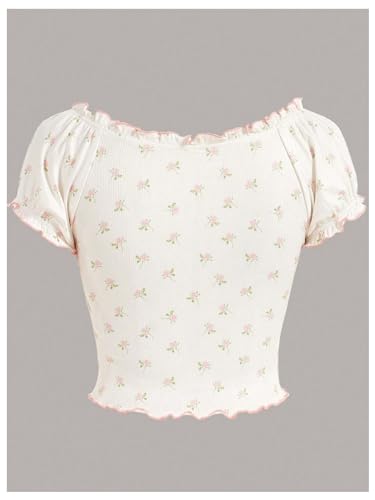 Women's Floral Puff Short Sleeve Sweetheart Neck Frilly Coquette Crop Top Tee