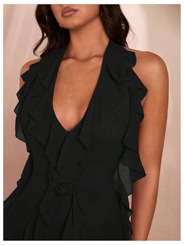 Women's 3D Floral Ruffle Trim Bodycon Mini Dresses Halter V Neck Sleeveless Cocktail Party Dresses