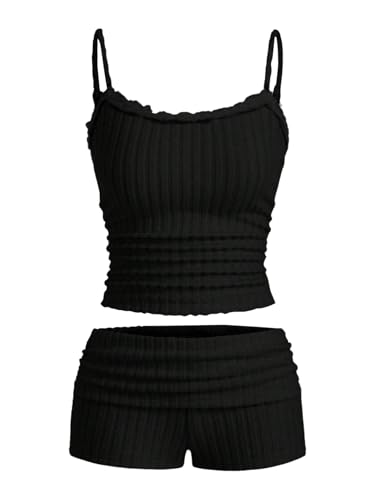 Women's 2 Piece Outfit Ribbed Knit Cute Camisole and Mini Shorts Set