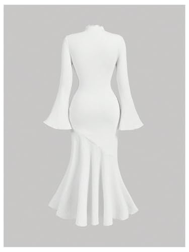 Women's 3D Floral Bell Sleeve Mock Neck Midi Dress Ruffle Hem Bodycon Wedding Guest Dresses