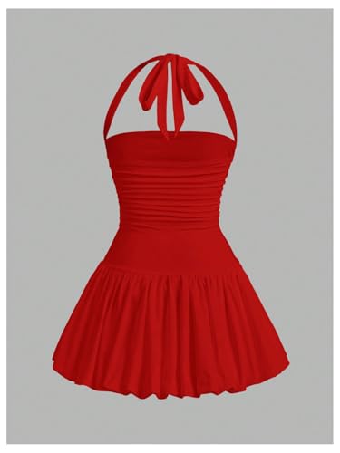 Women's Bubble Mini Dress Halter Backless Ruched Y2K Short Sundress with Built-in Shorts