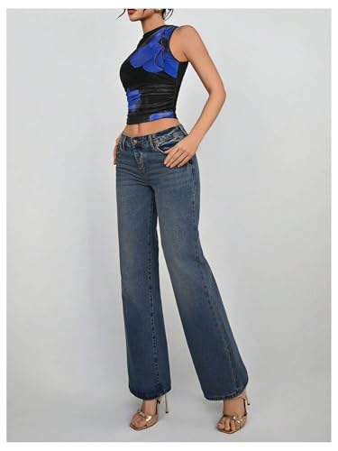 Women's Flower Print Mesh Top Sleeveless Mock Neck Ruched Tank Tops