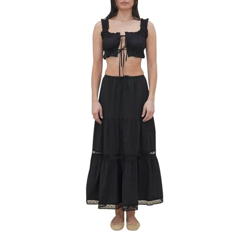 Women 2 Piece Outfits Y2k Sleeveless Lace Trim Cami Tops and Ruffle Ruched Maxi Skirt Matching Set