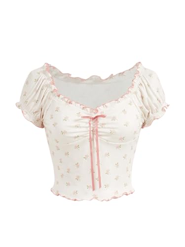 Women's Floral Puff Short Sleeve Sweetheart Neck Frilly Coquette Crop Top Tee