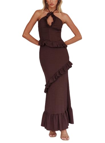 Womens 2 Piece Maxi Skirt Set Y2k Halter Ruched Cami Top Tiered Flowy Ruffle Skirt Outfit