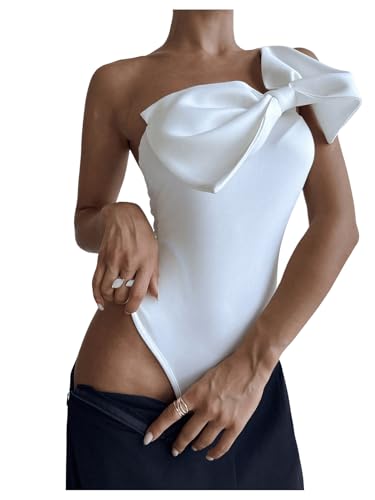 Women's One Shoulder Sleeveless Big Bow Front Elegant Fitted Tank Top Bodysuit