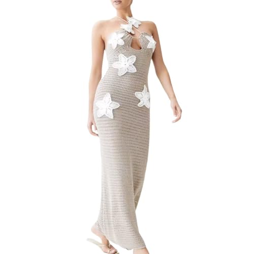 Women Halter Hollow Out Knitted Mini Dress Sexy Crochet 3D Flower Mini Dress