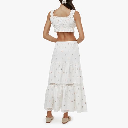 Women 2 Piece Outfits Y2k Sleeveless Lace Trim Cami Tops and Ruffle Ruched Maxi Skirt Matching Set