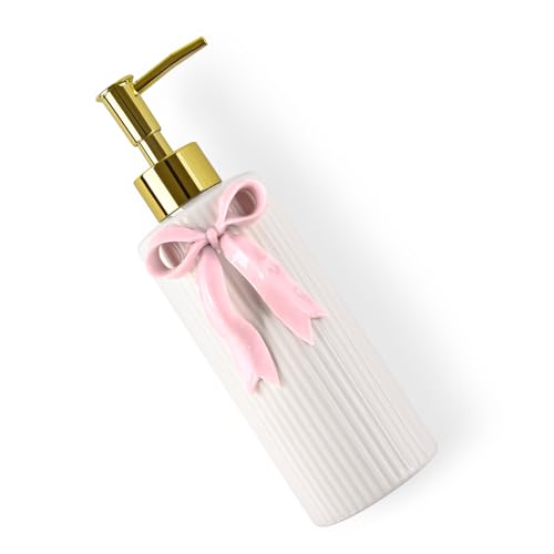 Handmade Ceramic Bow Soap Pump Dispenser Hand Lotion Liquid Dispenser Refillable for Kitchen and Bathroom Decorative