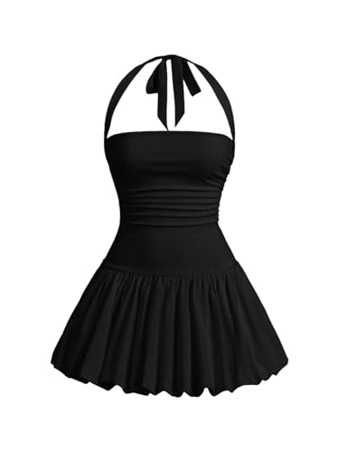 Women's Bubble Mini Dress Halter Backless Ruched Y2K Short Sundress with Built-in Shorts