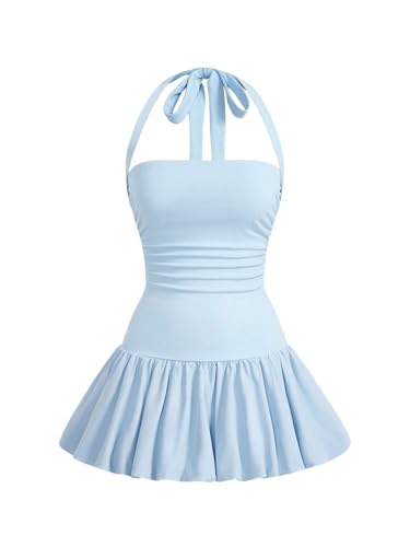Women's Bubble Mini Dress Halter Backless Ruched Y2K Short Sundress with Built-in Shorts