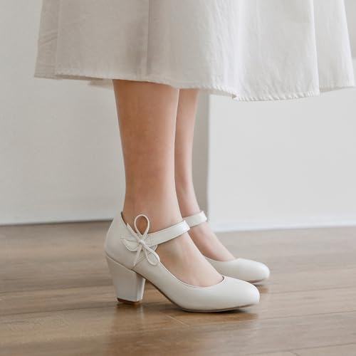 Women's Bow Mary Jane Dress Pumps Shoes Chunky Block High Heels Round Toe Shoes