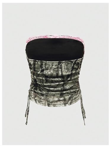 Women's Rhinestone Y2k Ruched Camo Bow Top Coquette Lace Tube Tops Cute Bandeau