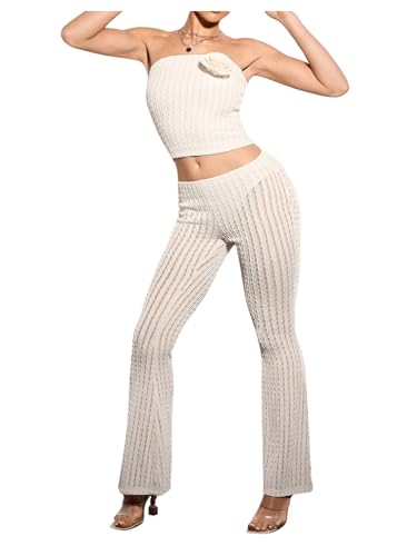 Women's 3D Flower Sleeveless Strapless Tube Top Textured Solid Slim Fitted Crop Bandeau Tops