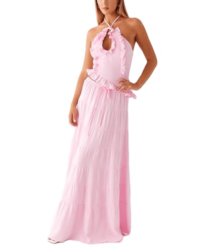 Womens 2 Piece Maxi Skirt Set Y2k Halter Ruched Cami Top Tiered Flowy Ruffle Skirt Outfit