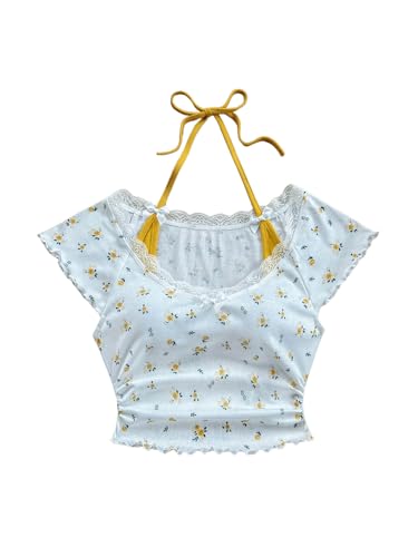 Women's Contrast Lace Halter Neck Lettuce Trim Casual Crop Tee Tops