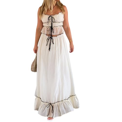 Women 2 Piece Outfits Y2k Sleeveless Lace Trim Cami Tops and Ruffle Ruched Maxi Skirt Matching Set