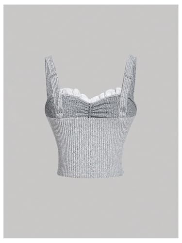 Women's Frill Trim Bow Front Camisole Tank Tops Rib Knit Sleeveless Top