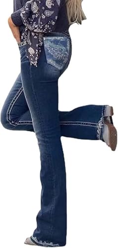 Women Bootcut Jeans, Stretchy Feather Flower Embroidery Mid Rise Slim Straight Leg Pants Jeans