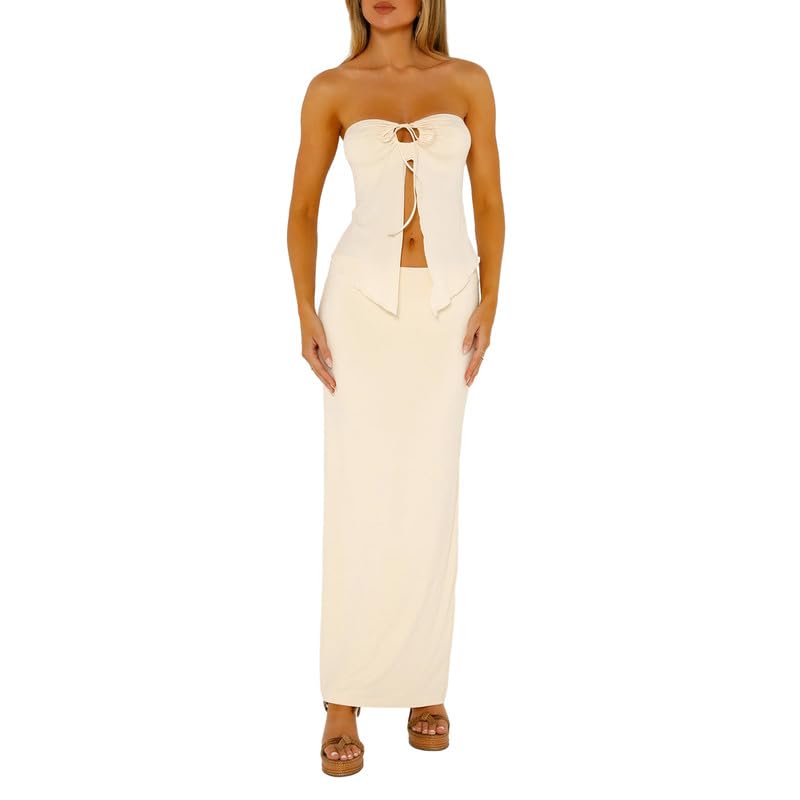 Women Y2K 2 Piece Long Skirt Set V Neck Halter Crop Top Off Shoulder Slim Fit Tube Top Split Maxi Skirts Outfit