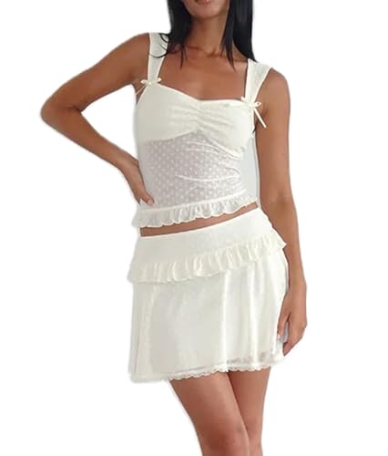 Women Y2K Lace 2 Piece Skirt Set Floral Lace Fitted Crop Cami Top See Through Low Waist Skirt Outfit Streetwear