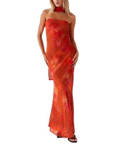 Women Y2k Floral Strapless Dress Sexy Backless Tube Maxi Dress Sleeveless Mesh Bodycon Long Dress