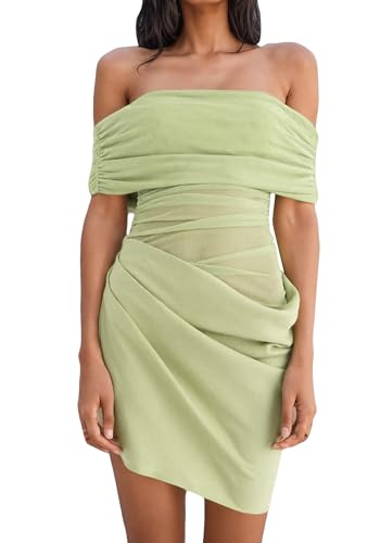 Women's Off The Shoulder Sheer Mesh Mini Dress Ruched Dresses Sexy See Through Y2k Short Dress