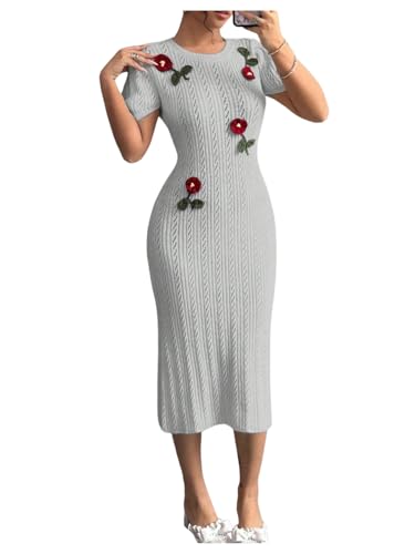 Women's 3D Flower Sweater Dress Crochet Short Sleeve Bodycon Mini Dresses