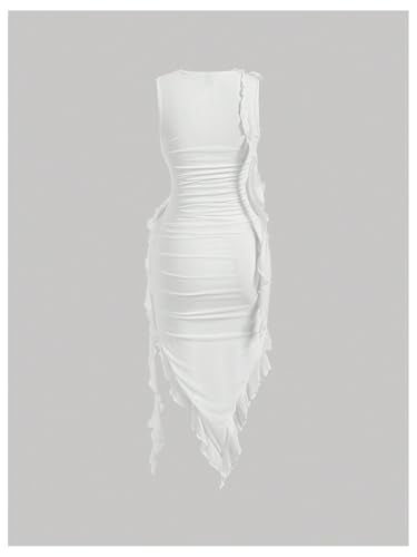 Women's Sleeveless Floral Appliques Bodycon Mesh Irregular Ruffle Hem Dress